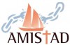 Word "AMISTAD" in brown letters except for an orange "T" in the shape of a cross, all under a dark orange and light orange sailing schooner which is superimposed over a blue broken chain
