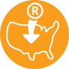 white trademark symbol with arrow pointing inside the outline of the United States on a yellow circle background