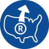 white trademark symbol with arrow pointing outside the outline of the United States on a blue circle background