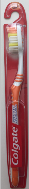 Colgate Plus specimen shows trademark use for toothbrushes. The specimen is a photograph of a toothbrush in packaging. The trademark is shown prominently on the packaging. 