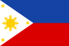  The national flag of the Philippines, a horizontal bicolor flag with equal bands of royal blue and crimson red, with a white, equilateral triangle at the hoist. In the center of the triangle is a golden-yellow sun with eight primary rays and at each vertex of the triangle is a five-pointed, golden-yellow star.