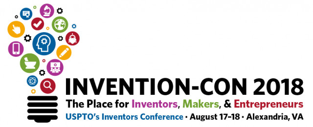 Banner for the Invention-Con 2018 conference showing a lightbulb shape made of many small invention emojis.