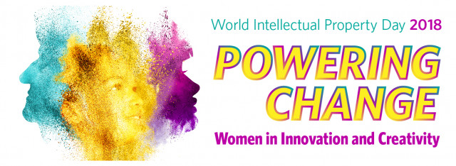 World Intellectual Property Day 2018: Powering Change. Women in Innovation and Creativity. Image of brightly colored powder exploding up to form silhouette images of three generations of female faces.