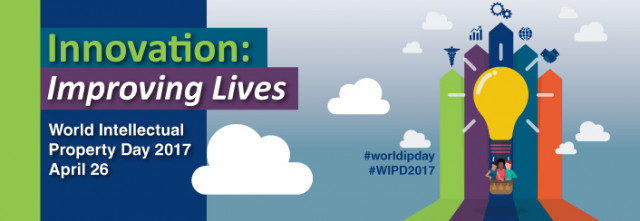 Event logo: Innovation: Improving Lives, World Intellectual Property Day 2017, April 26. #worldipday, #WIPD2017 