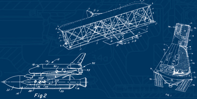 patent drawings of aerospace inventions, including the Wright Flyer, space shuttle, and Apollo capsul