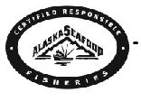 The wording CERTIFIED RESPONSIBLE FISHERIES ALASKA SEAFOOD with a picture of a boat in front of an iceberg all within an oval border
