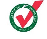 Design of a white onion with a stem at the top, surrounded by a green border with the wording CERTIFIED ONIONS INC at the top and CHEMICAL RESIDUE TESTED at the bottom of the border and a red check mark crossing the white onion