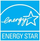 A blue square with word ENERGY in white stylized script with the "Y" intersecting the white outline of a five-pointed star under a white curved line, and wording ENERGY STAR in white upper case letters under a white straight line at bottom of square