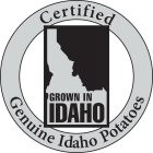 CERTIFIED 100% IDAHO POTATOES GROWN IN IDAHO with a map of Idaho within a circular border