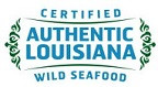 CERTIFIED AUTHENTIC LOUISIANA WILD SEAFOOD in blue upper case letters with a green garland on either side of the stacked wording