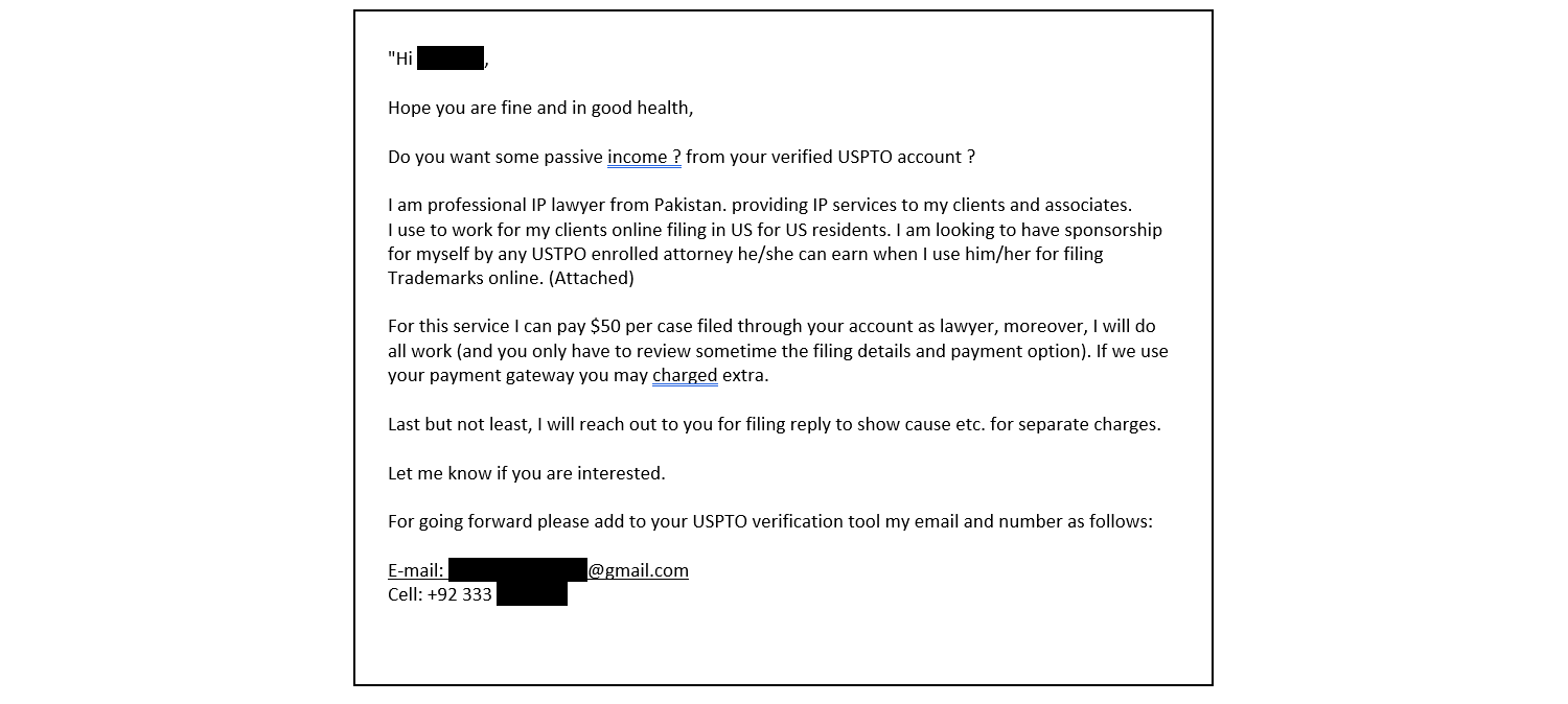  example of scam email message soliciting sponsorship through a verified USPTO account