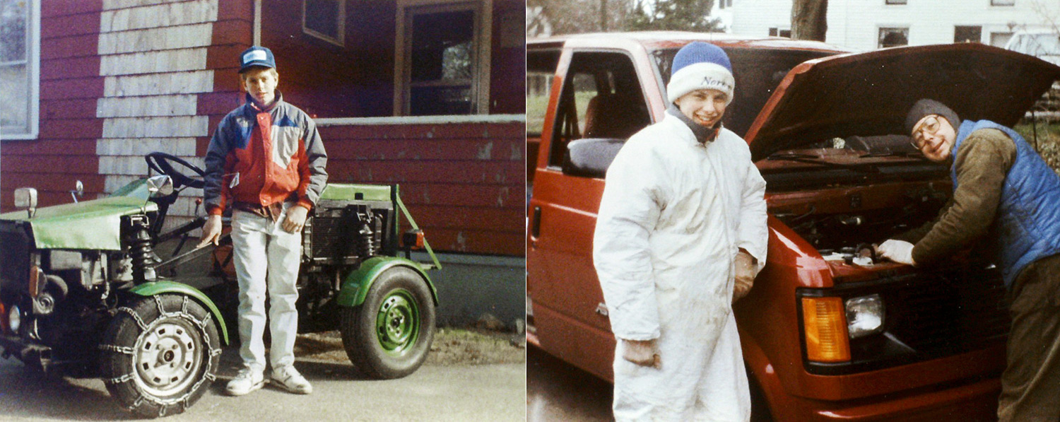 On left, a young Doug Scott with lawn tractor. On right, Doug with family friend Rusty Forrest.