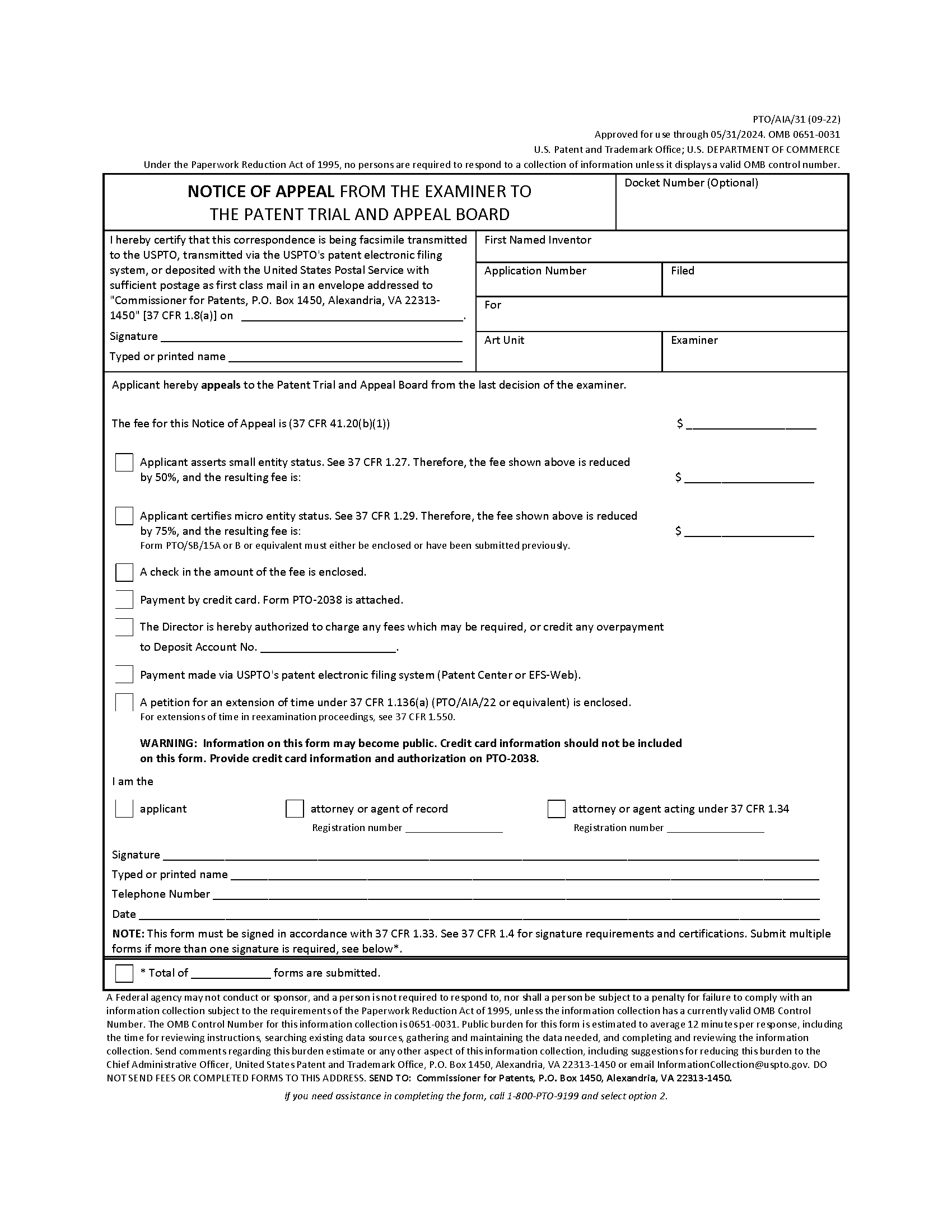Form PTO/SB/31 Notice of Appeal from the Examiner