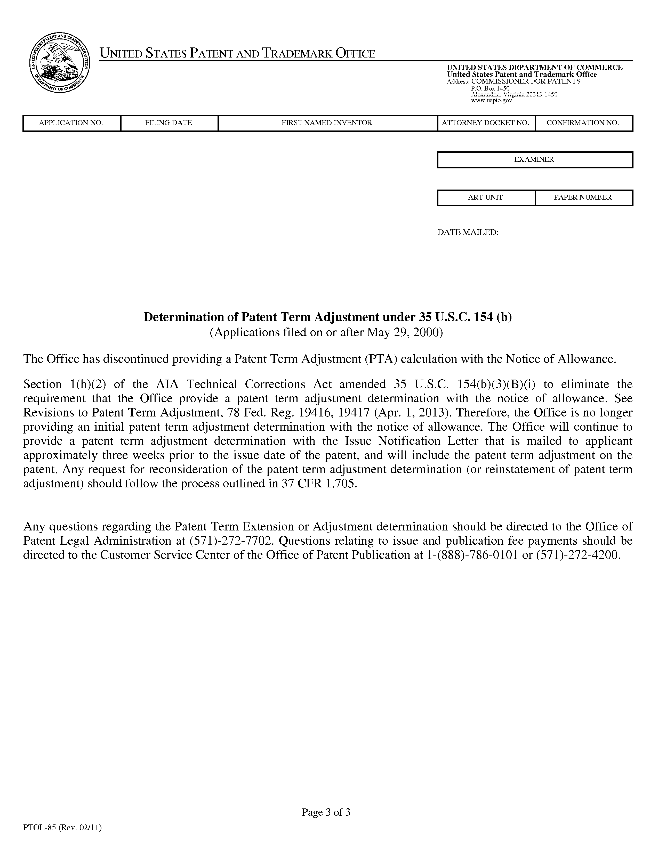 Determination of Patent Term Extension or Adjustment under 35 U.S.C. 154(b) (Form PTOL-85 - page 3)