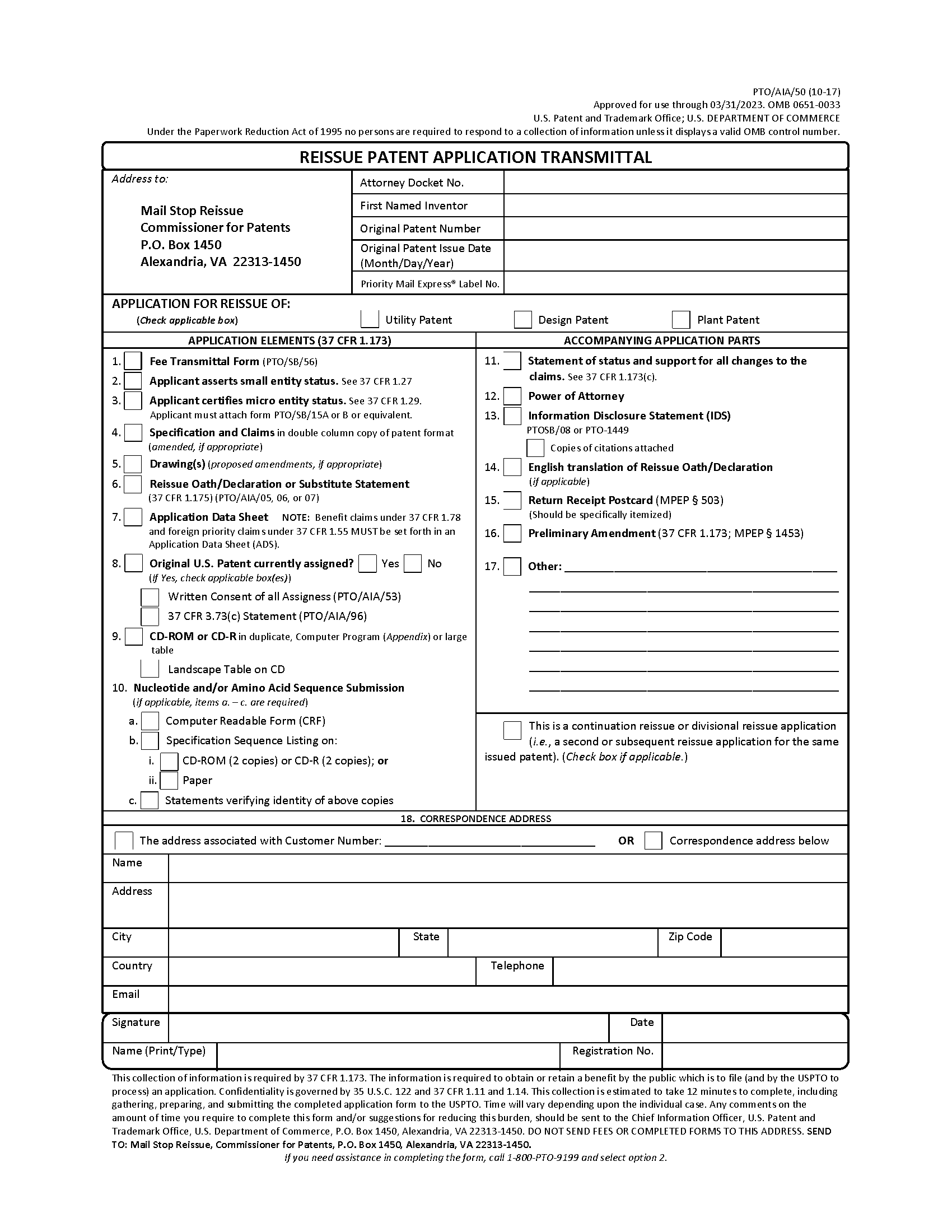Reissue Patent Application Transmittal Page 1