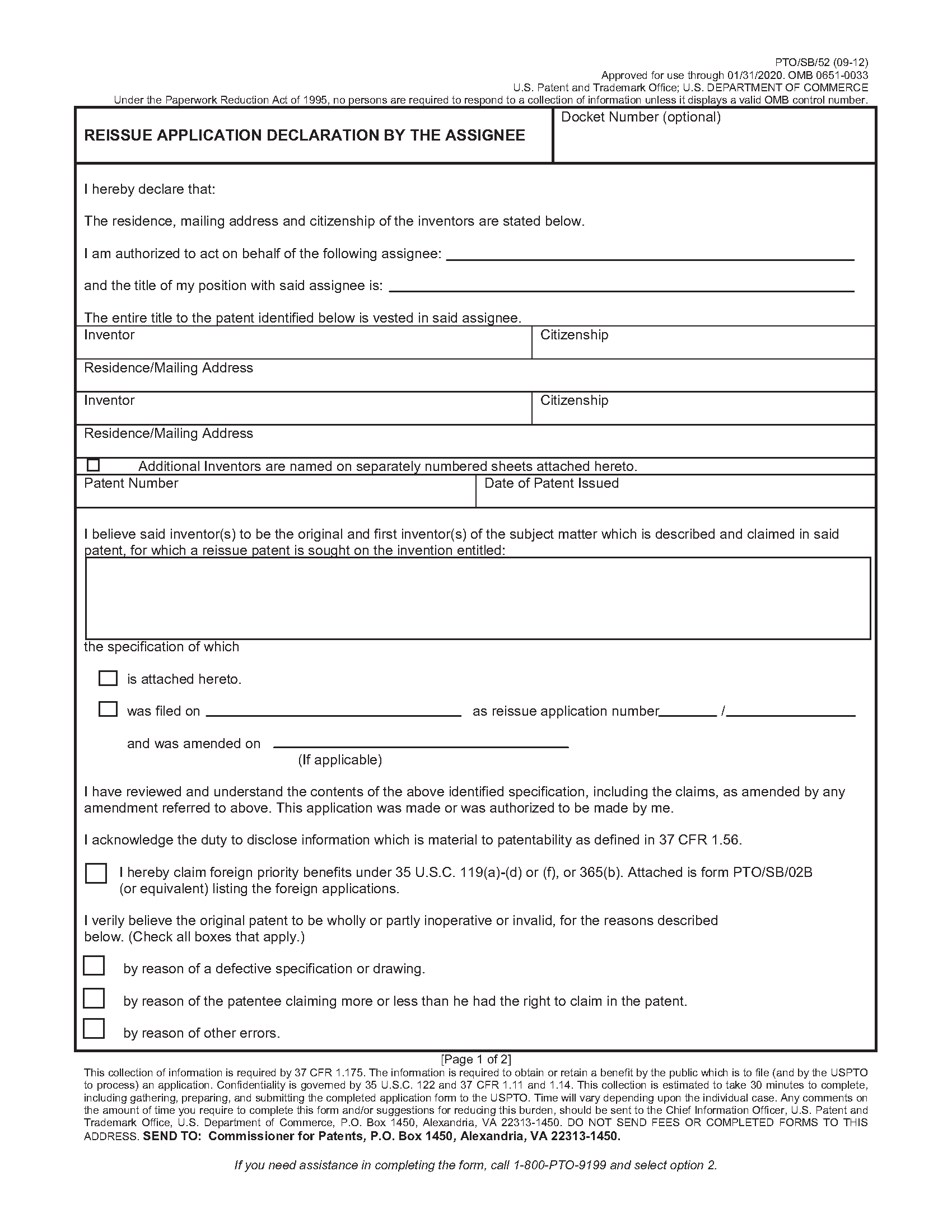 Reissue Application Declaration by the Assignee Page 1
