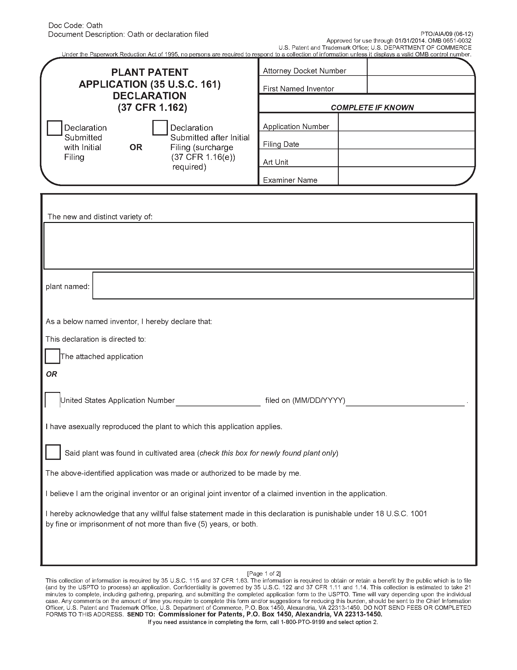 Plant Patent Application (35 U.S.C. 161) Declaration (37 CFR 1.63) (Form PTO/AIA/09)