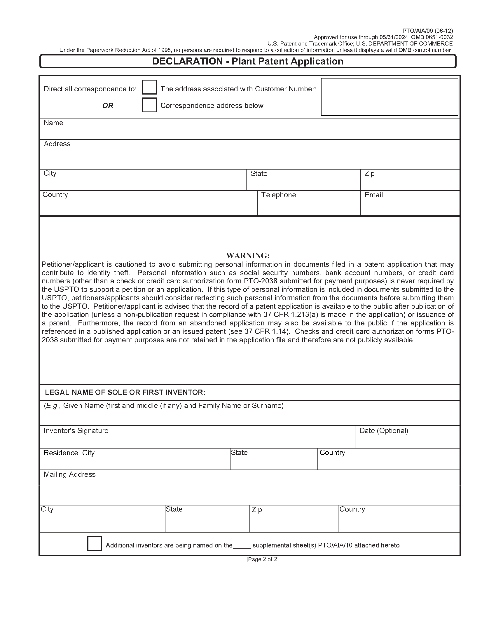 Declaration - Plant Patent Application (Page 2)