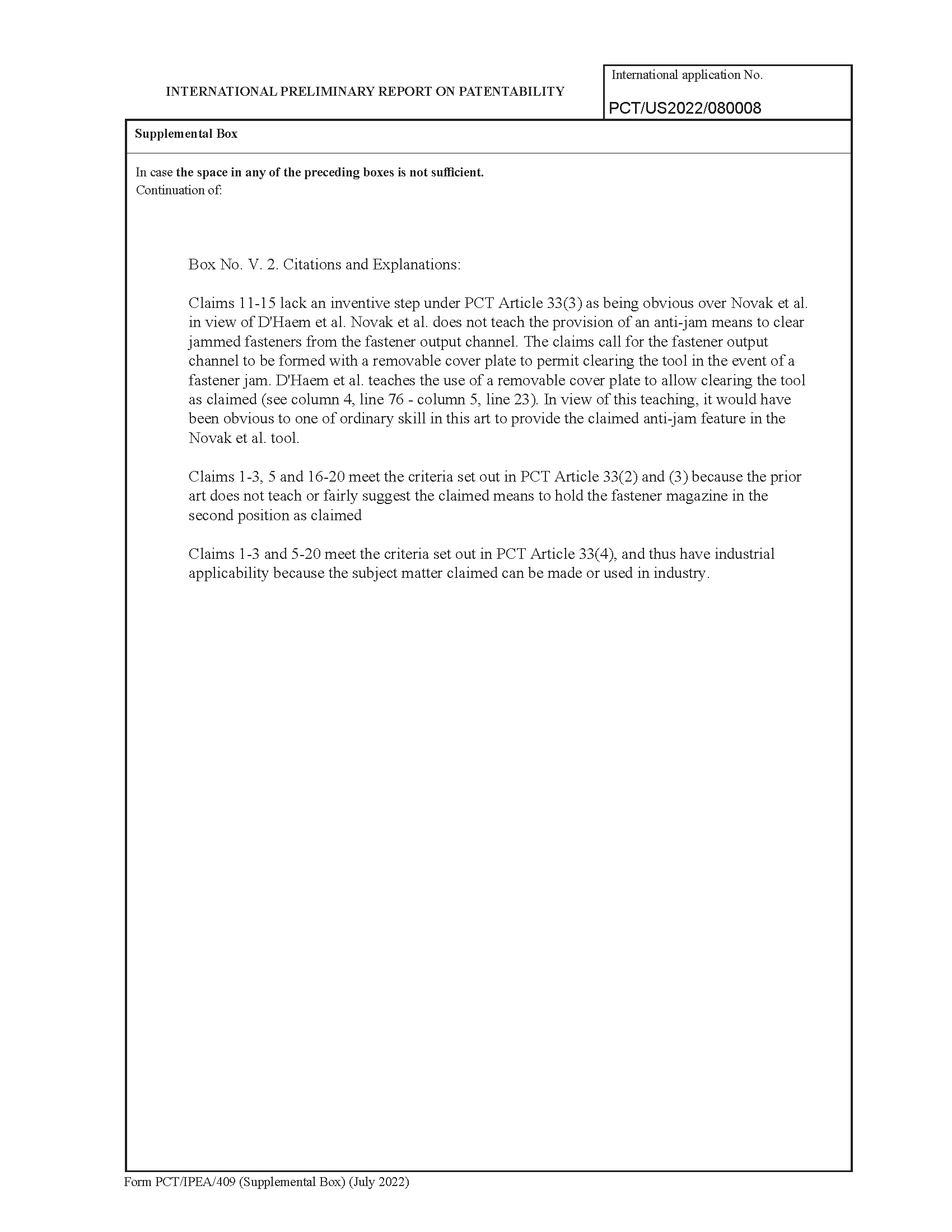Form PCT/IPEA/409 (Supplemental Box) (July 2014)