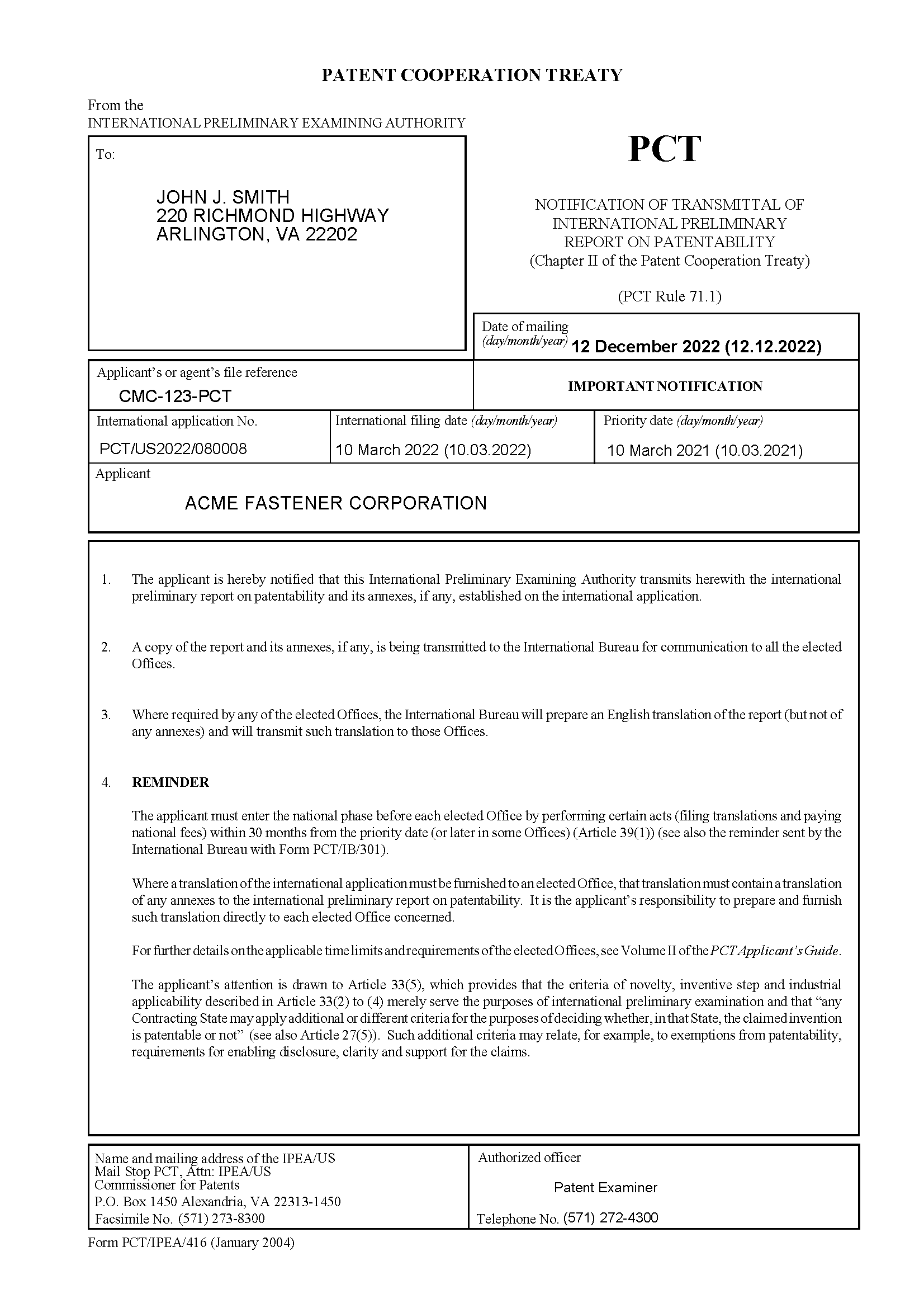 Form PCT/IPEA/416 (January 2004 version)