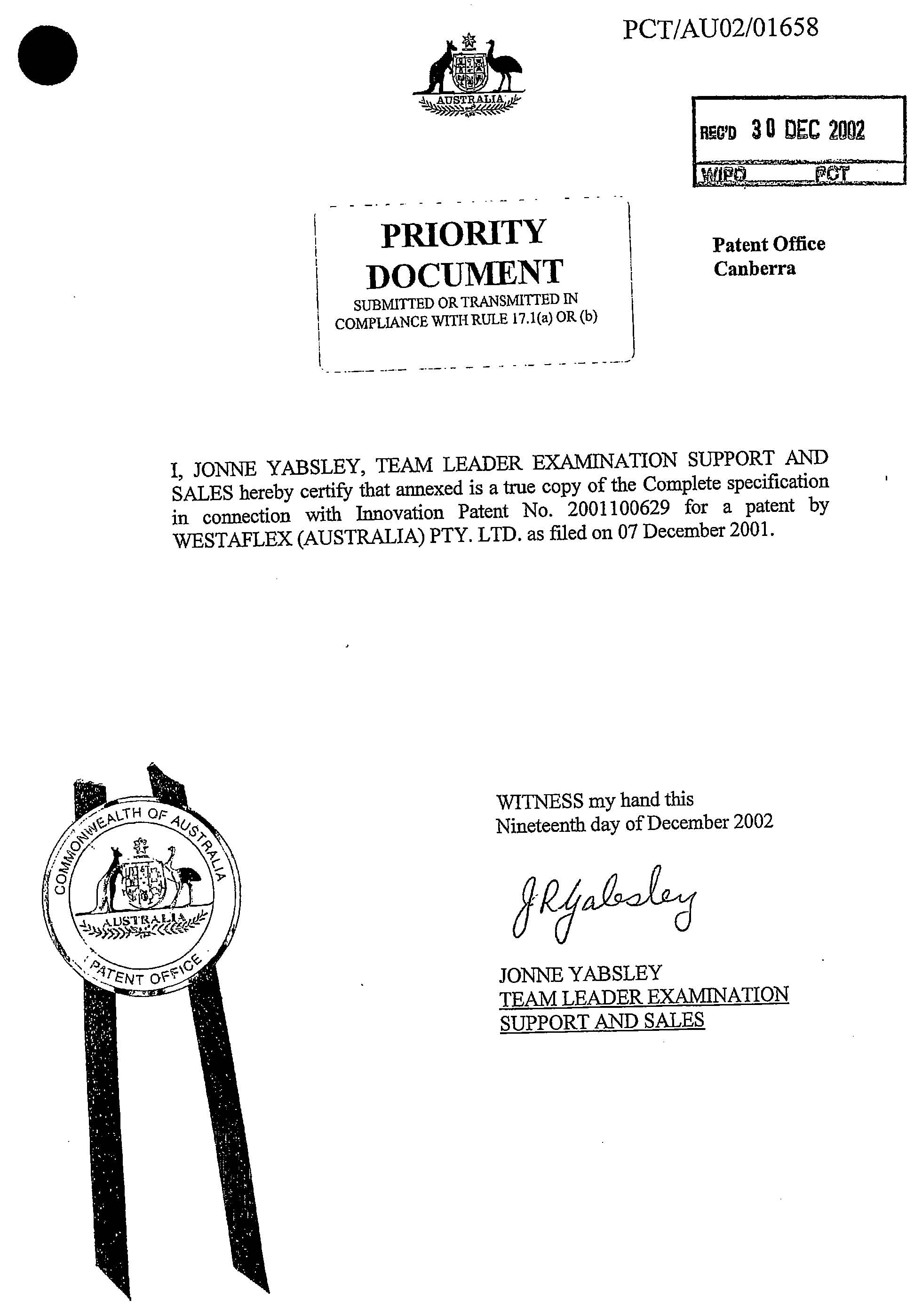 Copy of first page of PCT/AU02/01658 Priority Document Submitted or Transmitted in Compliance with Rule 17.1(a) or (b). Patent Office Canberra.