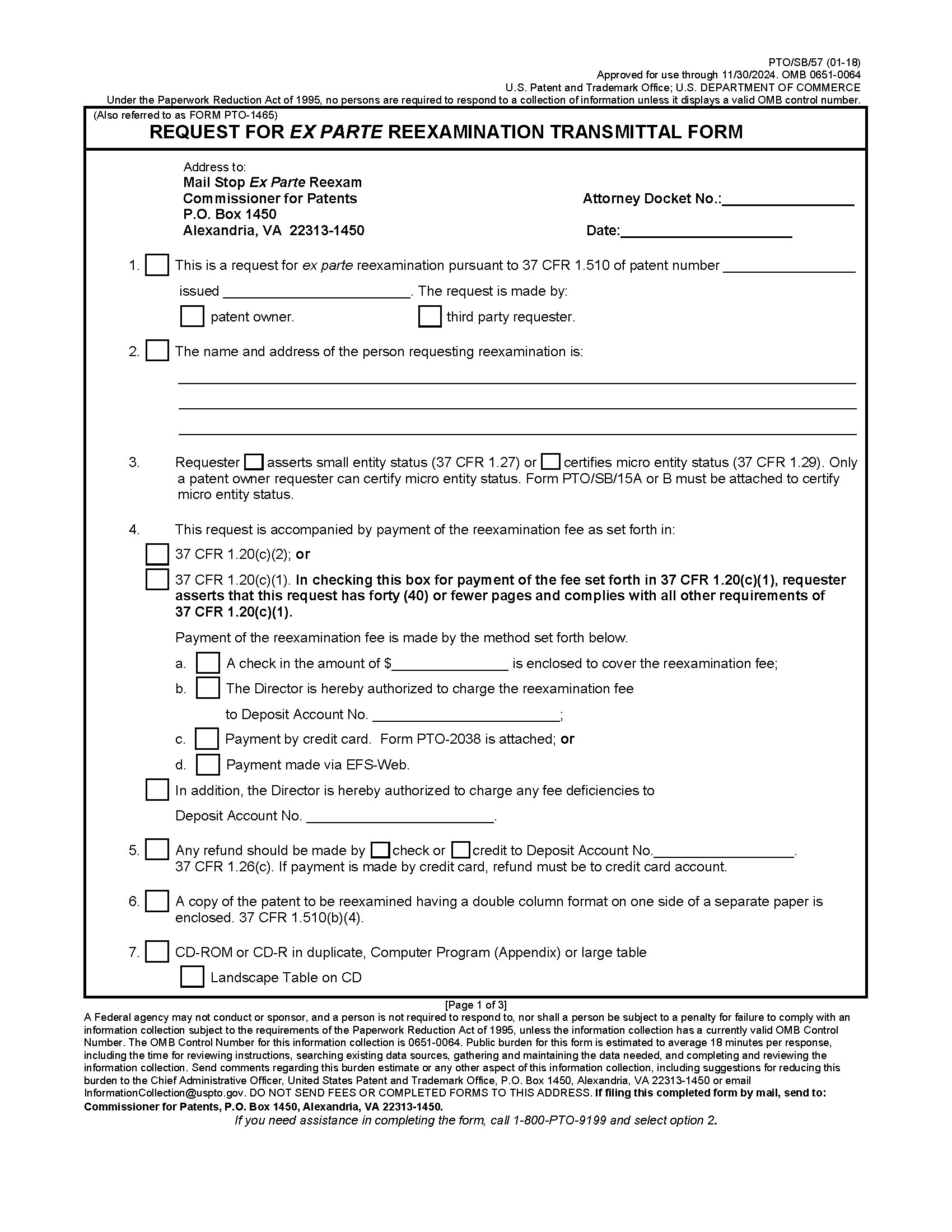 Form PTO/SB/57 - Request for Ex Parte Reexamination Transmittal Form