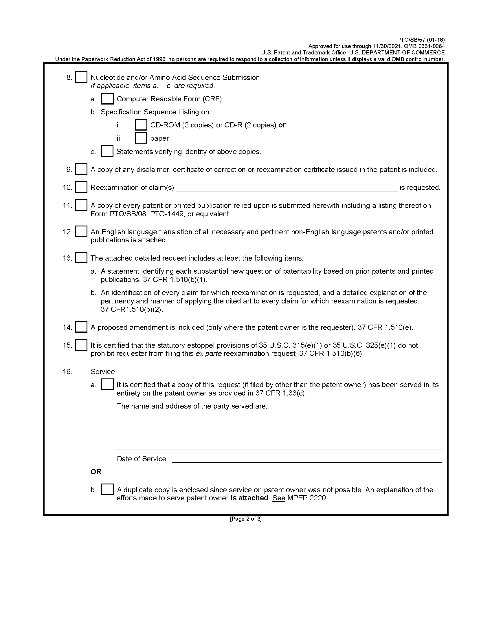 Form PTO/SB/57. Request for Ex Parte Reexamination Transmittal Form [Page 2 of 4]