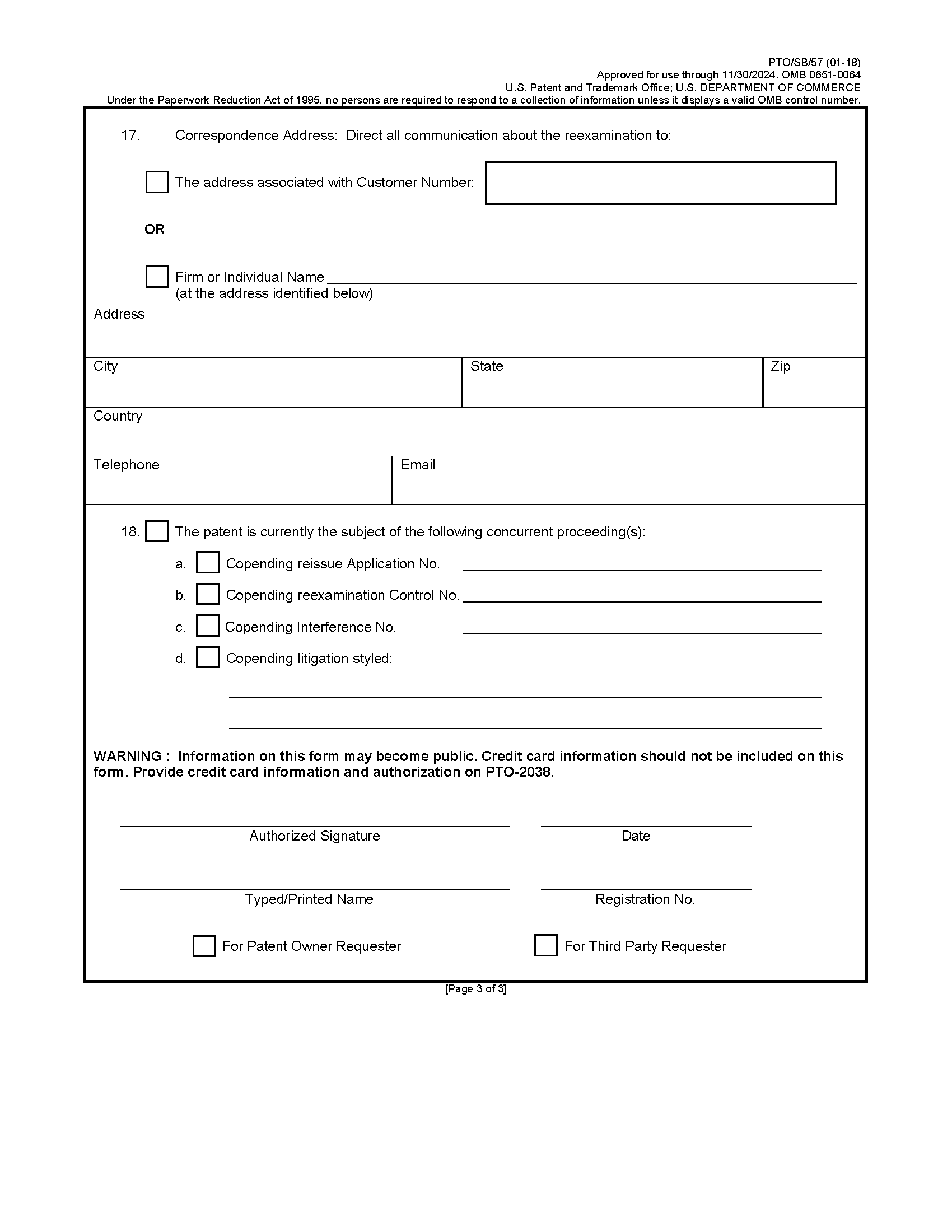 Form PTO/SB/57. Request for Ex Parte Reexamination Transmittal Form [Page 3 of 4]
