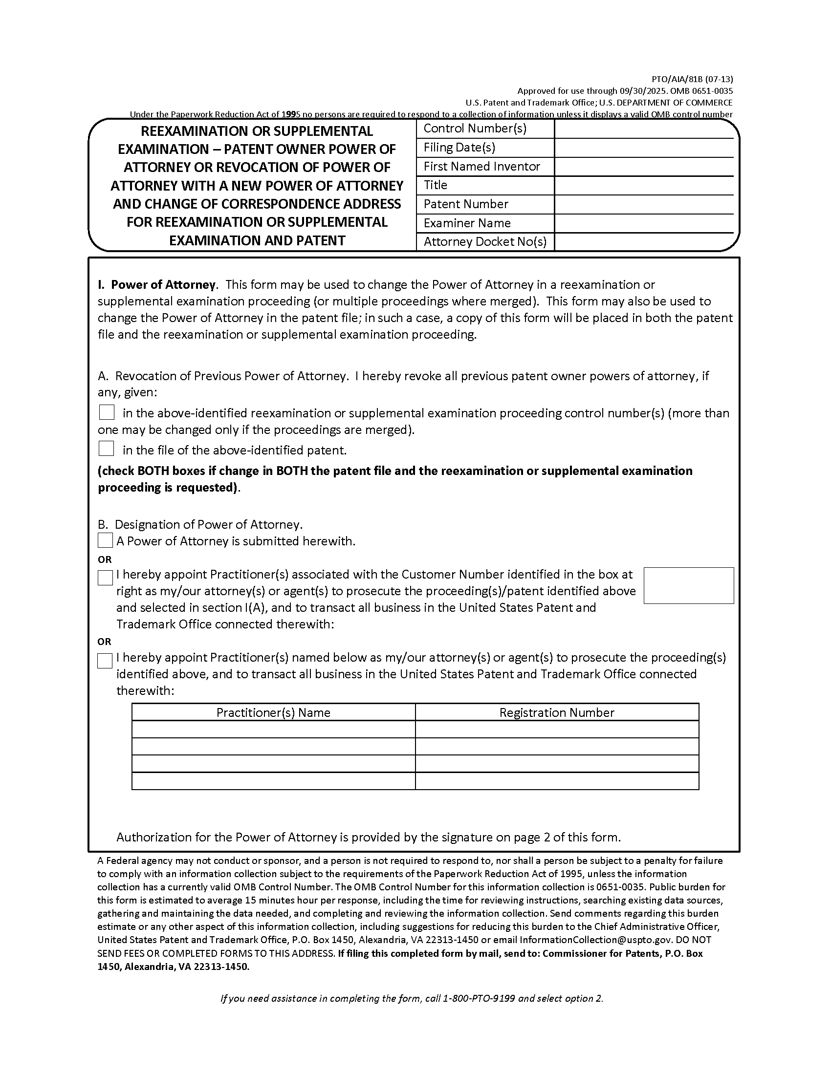 Page 1 of Form PTO/AIA/81B Reexamination or Supplemental Examination - Patent Owner Power of Attorney or Revocation of Power of Attorney With New Power of Attorney and Change of Correspondence Address