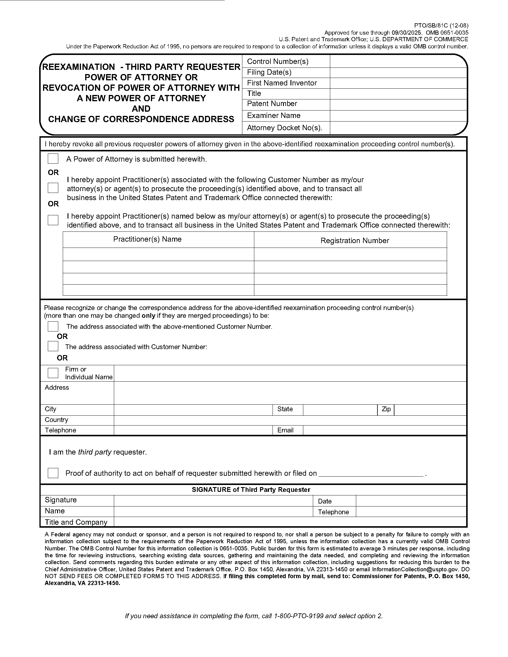 Form PTO/SB/81C Reexamination - Third Party Requester Power of Attorney or Revocation of Power of Attorney With New Power of Attorney and Change of Correspondence Address