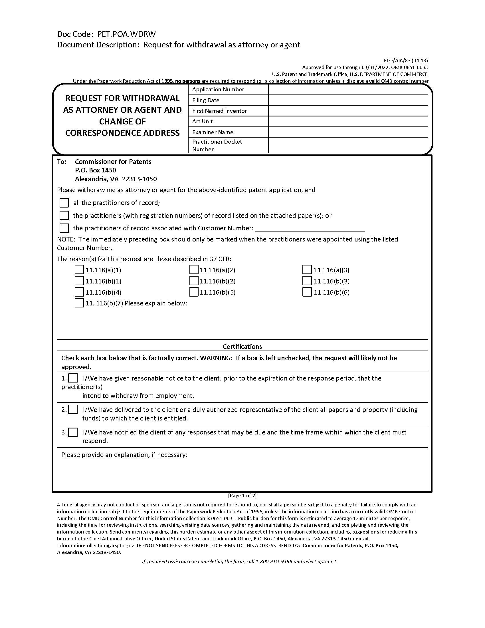 Form PTO/SB/83 Request for Withdrawl As Attorney or Agent and Change of Correspondence Address Form