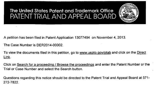 Example notice added to application regarding petition for derivation