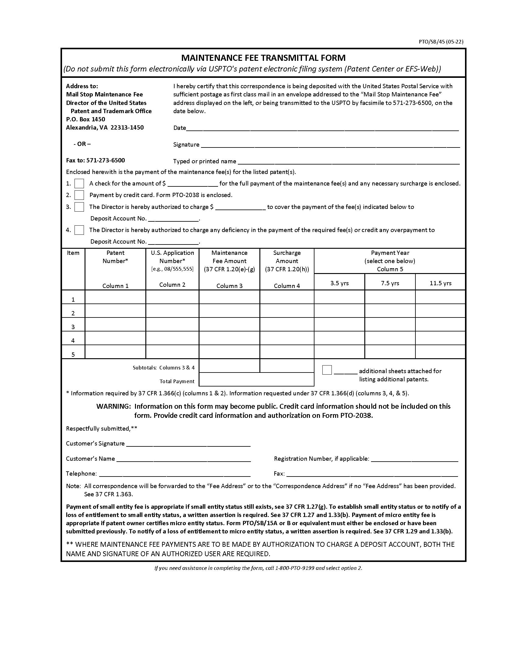 Maintenance Fee Transmittal Form (PTO/SB/45)