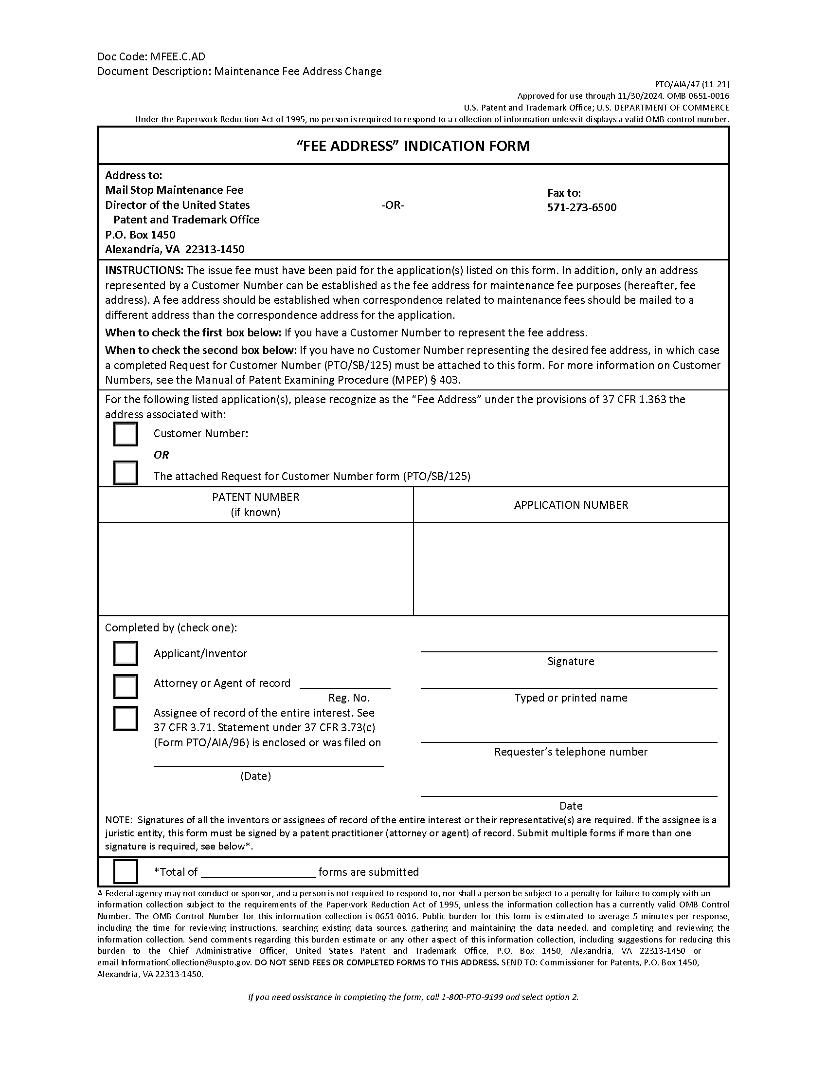Fee Address Indication Form (PTO/SB/47)