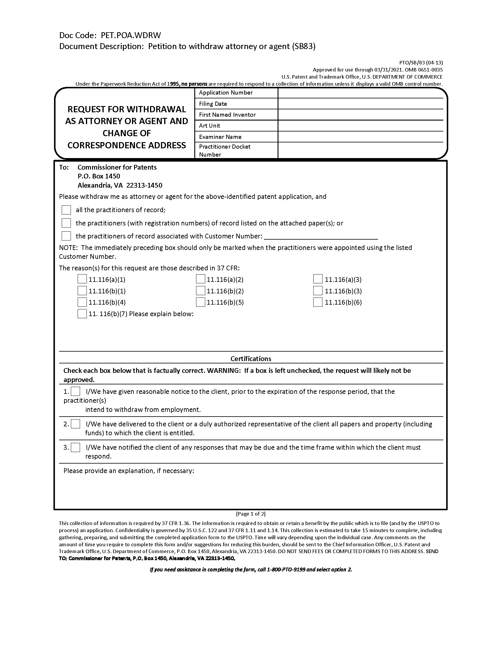 PTO/SB/83. Request for Withdrawal as Attorney or Agent and Change of Correspondence Address (Page 1 of 2)