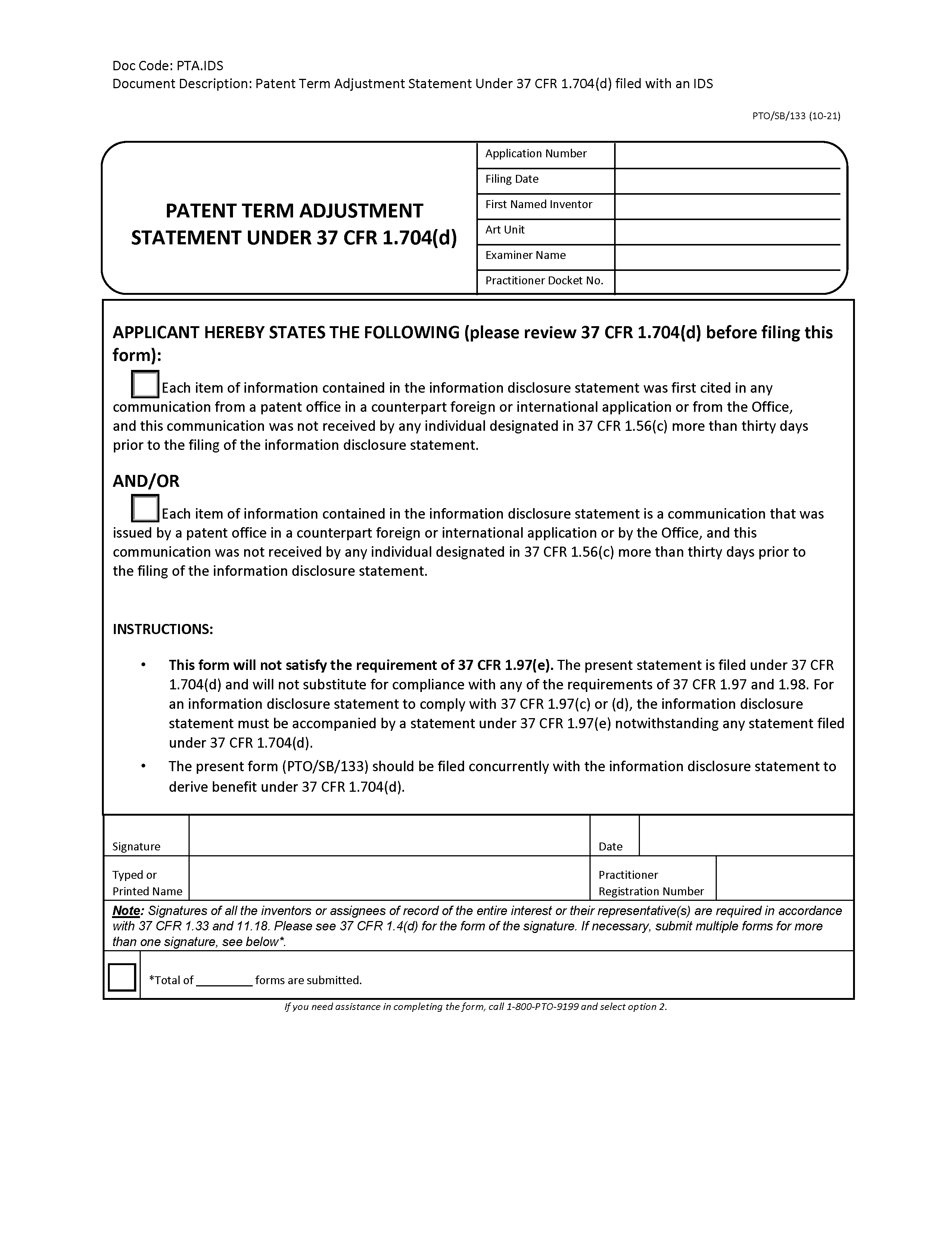 PTO/SB/133 Patent Term Adjustment Statment under 37 CFR 1.704(d), Page 1