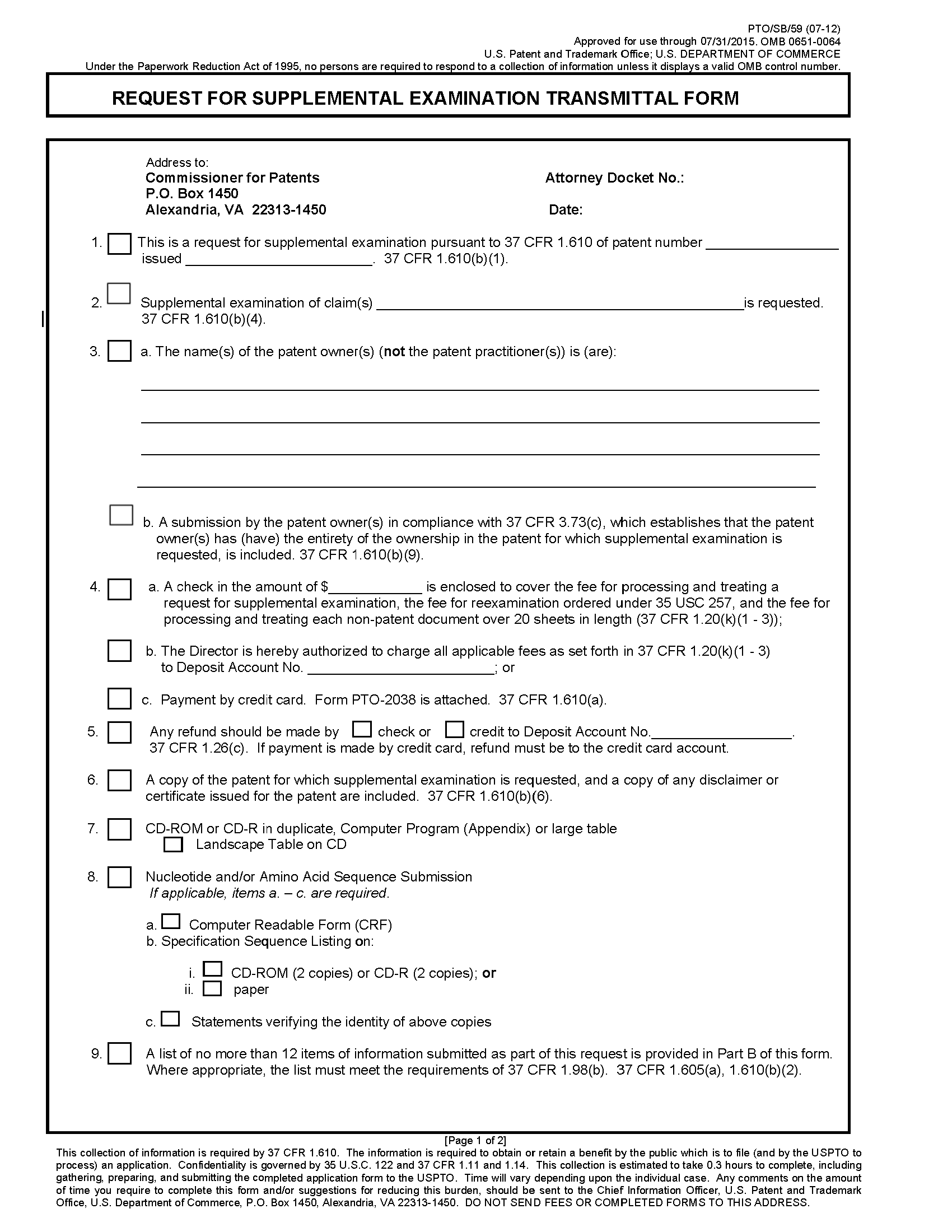 Form PTO/SB/59. Page 1 of 2. Request for Supplemantal Examination Transmittal Form.