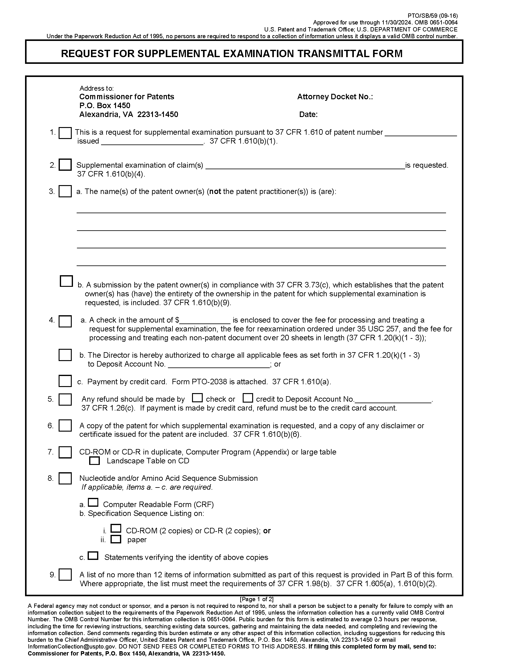 Form PTO/SB/59. Page 1 of 2. Request for Supplemantal Examination Transmittal Form.