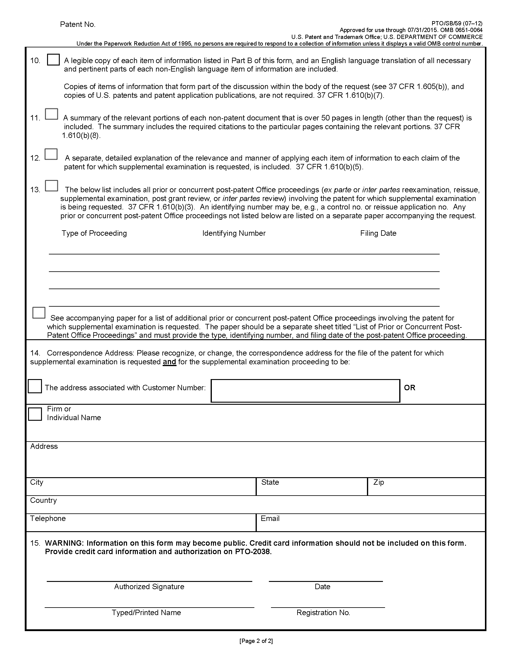 Form PTO/SB/59. Page 2 of 2. Request for Supplemantal Examination Transmittal Form.