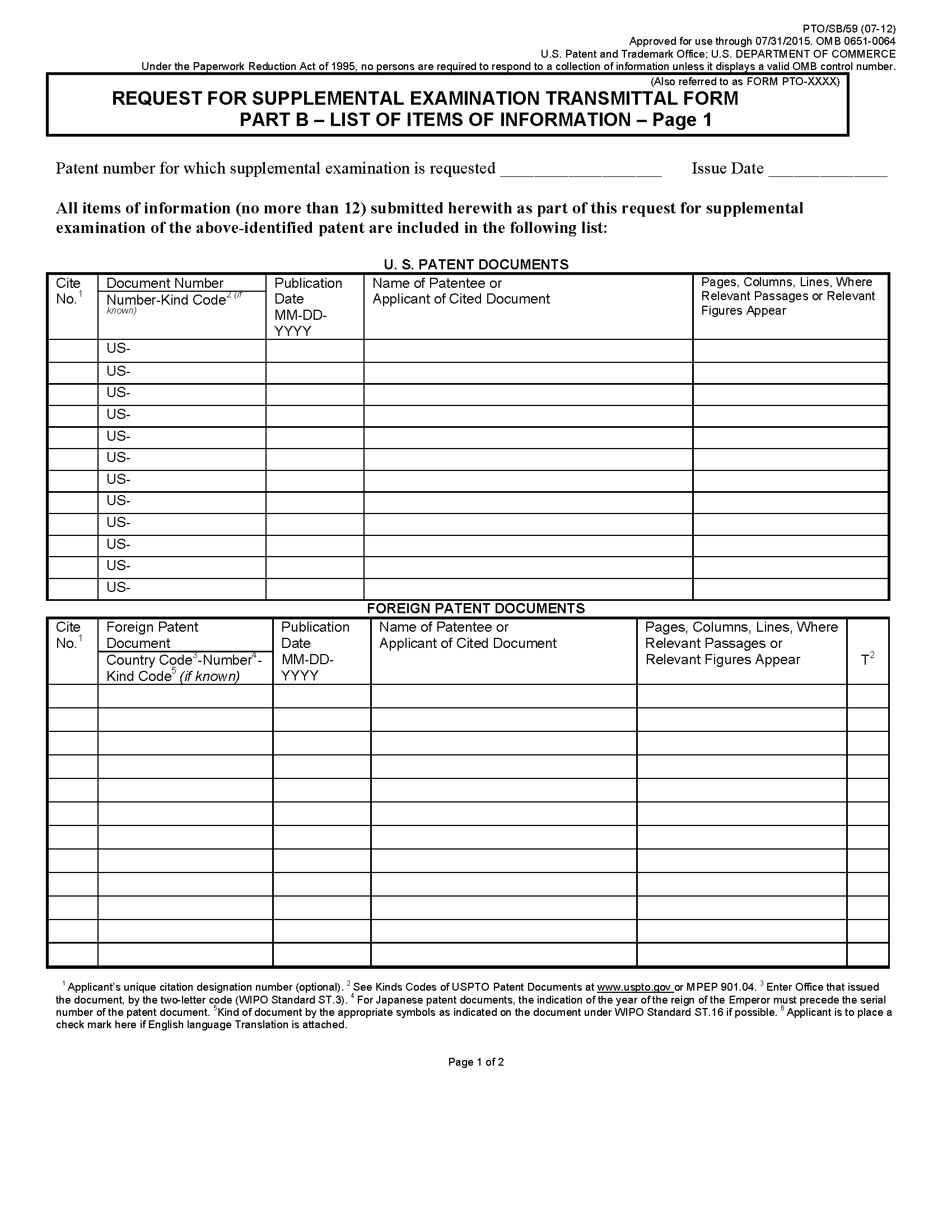 Form PTO/SB/59. Page 1 of 2. Request for Supplemantal Examination Transmittal Form - Part B. List of Items of Information.