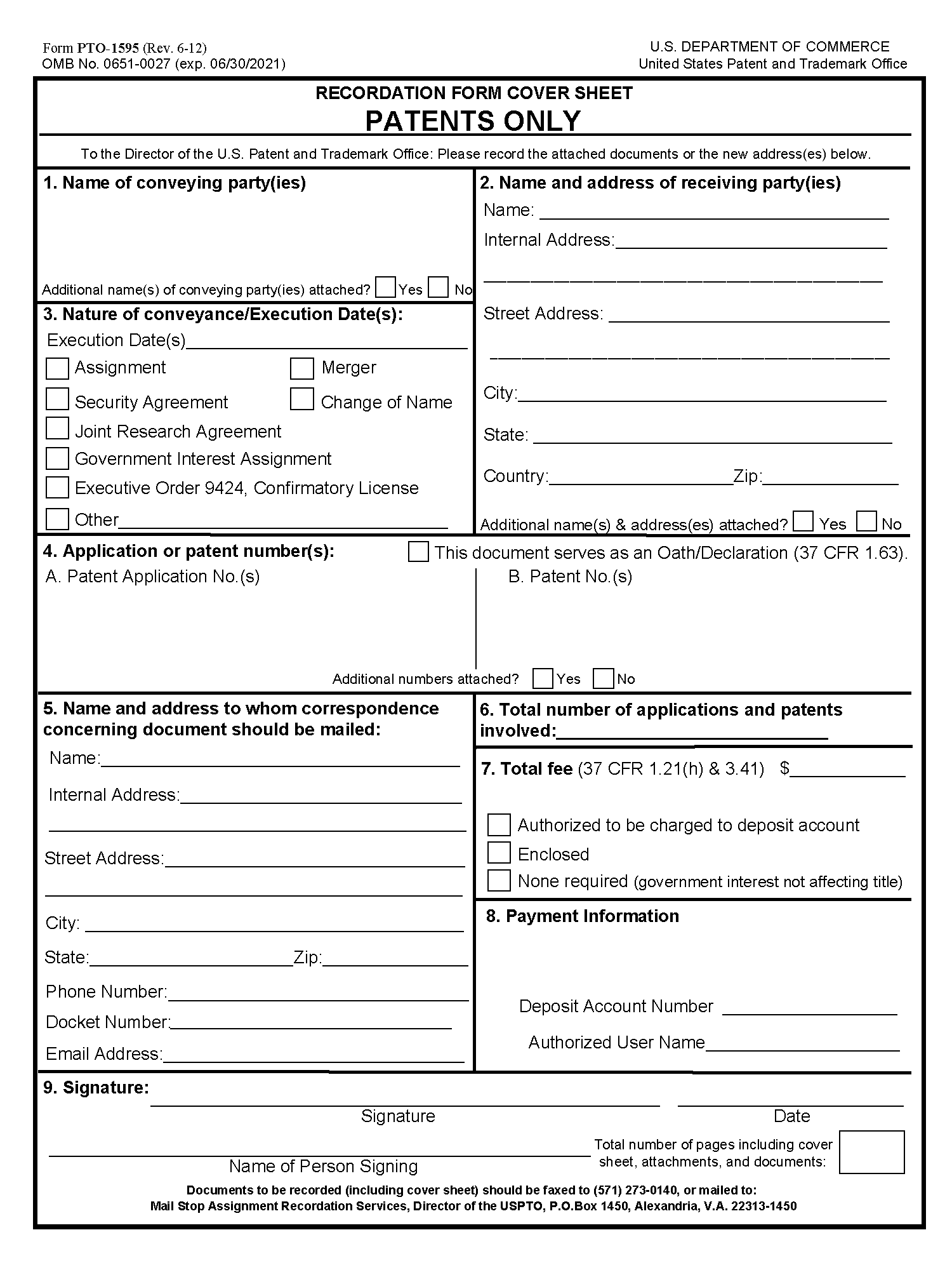 Form PTO-1595. Recordation Form Cover Sheet for Patents