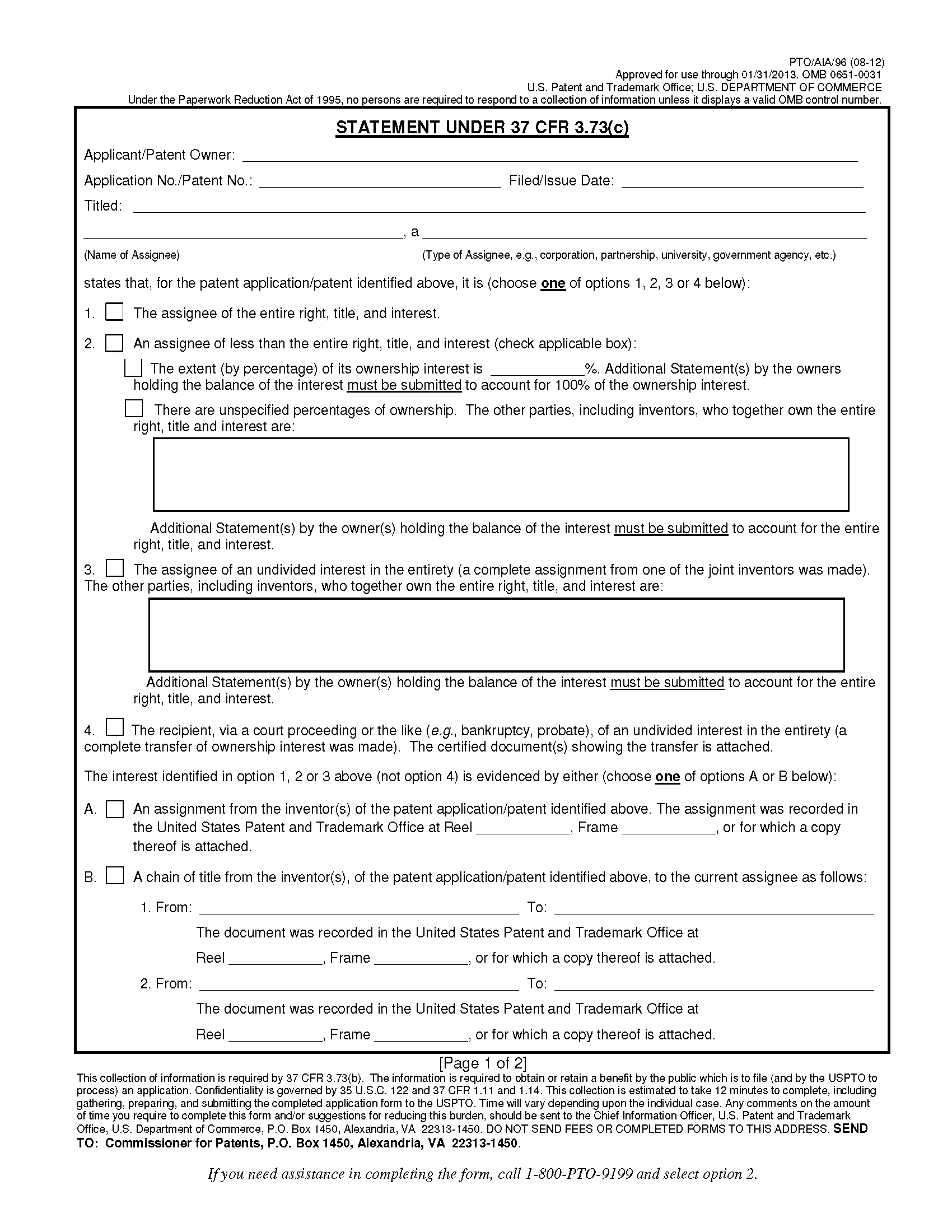 Form PTO/AIA/96. Statement Under 37 CFR 3.73(c), page 1