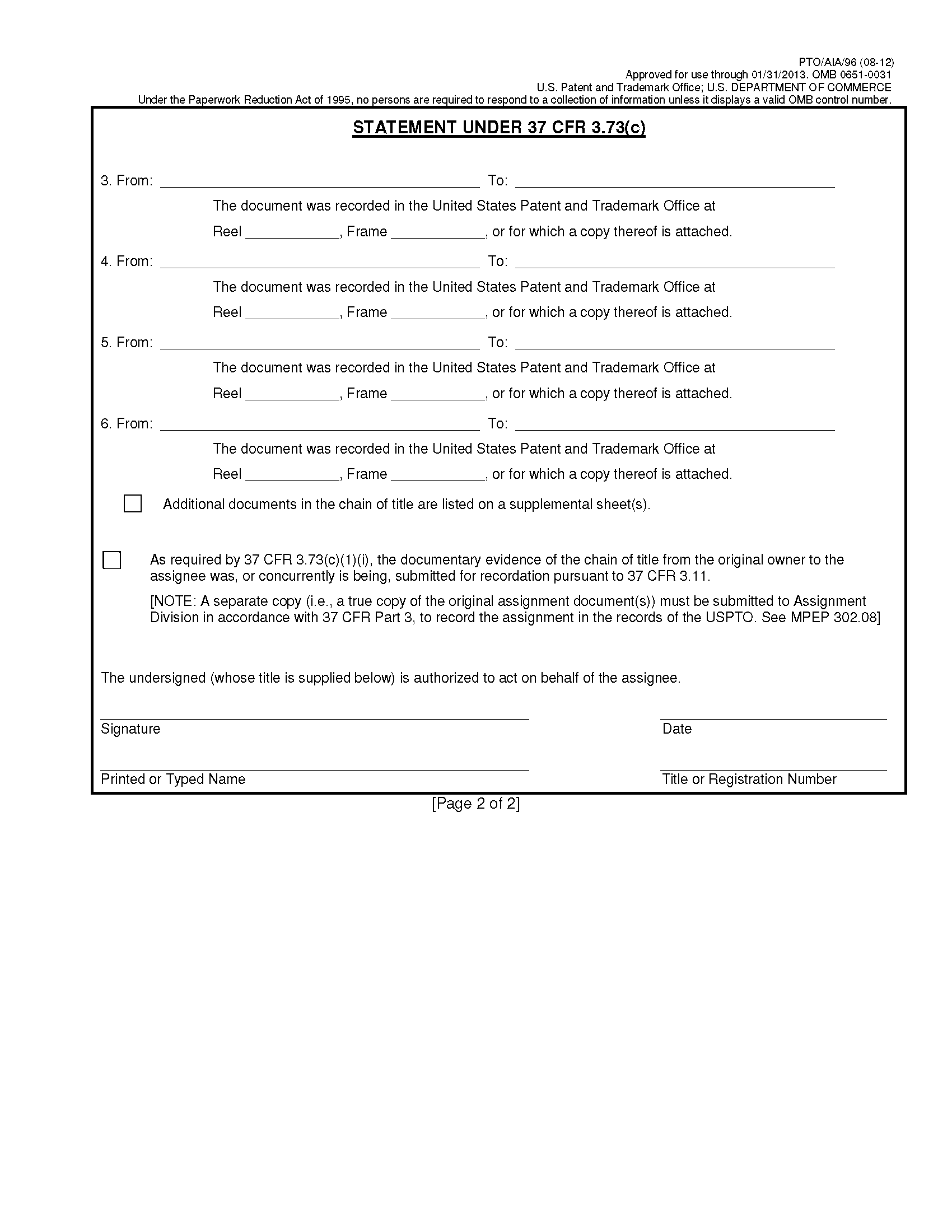 Form PTO/AIA/96. Statement Under 37 CFR 3.73(c), page 2