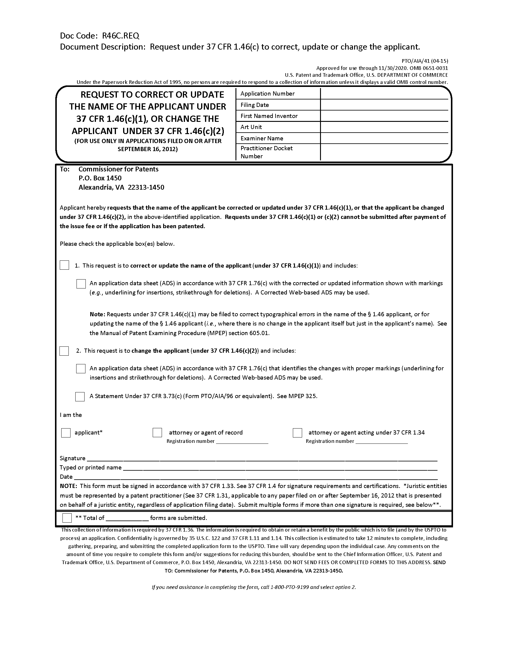 Request to Correct or Update the name of the applicant under 37 CFR 1.46(c), or change the applicant under 37 CFR 1.46c2 - page 1