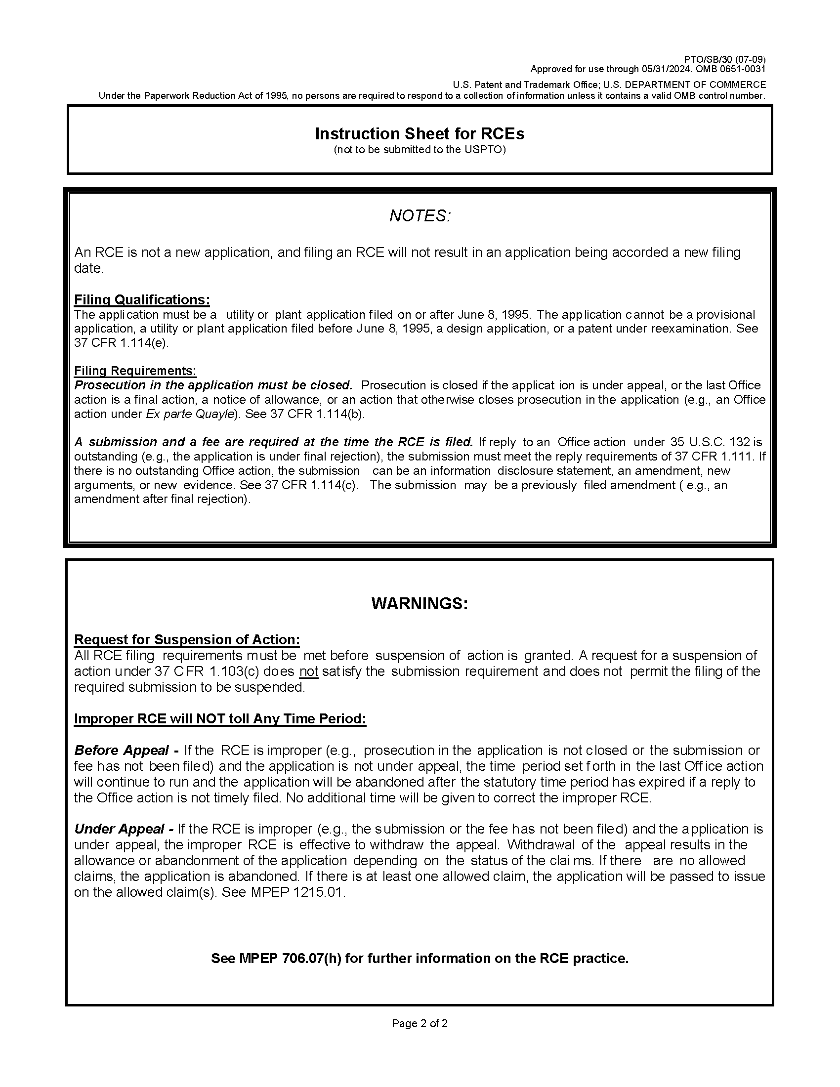 Form PTO/SB/30 Instruction Sheet for RCEs (not to be submitted to the USPTO)