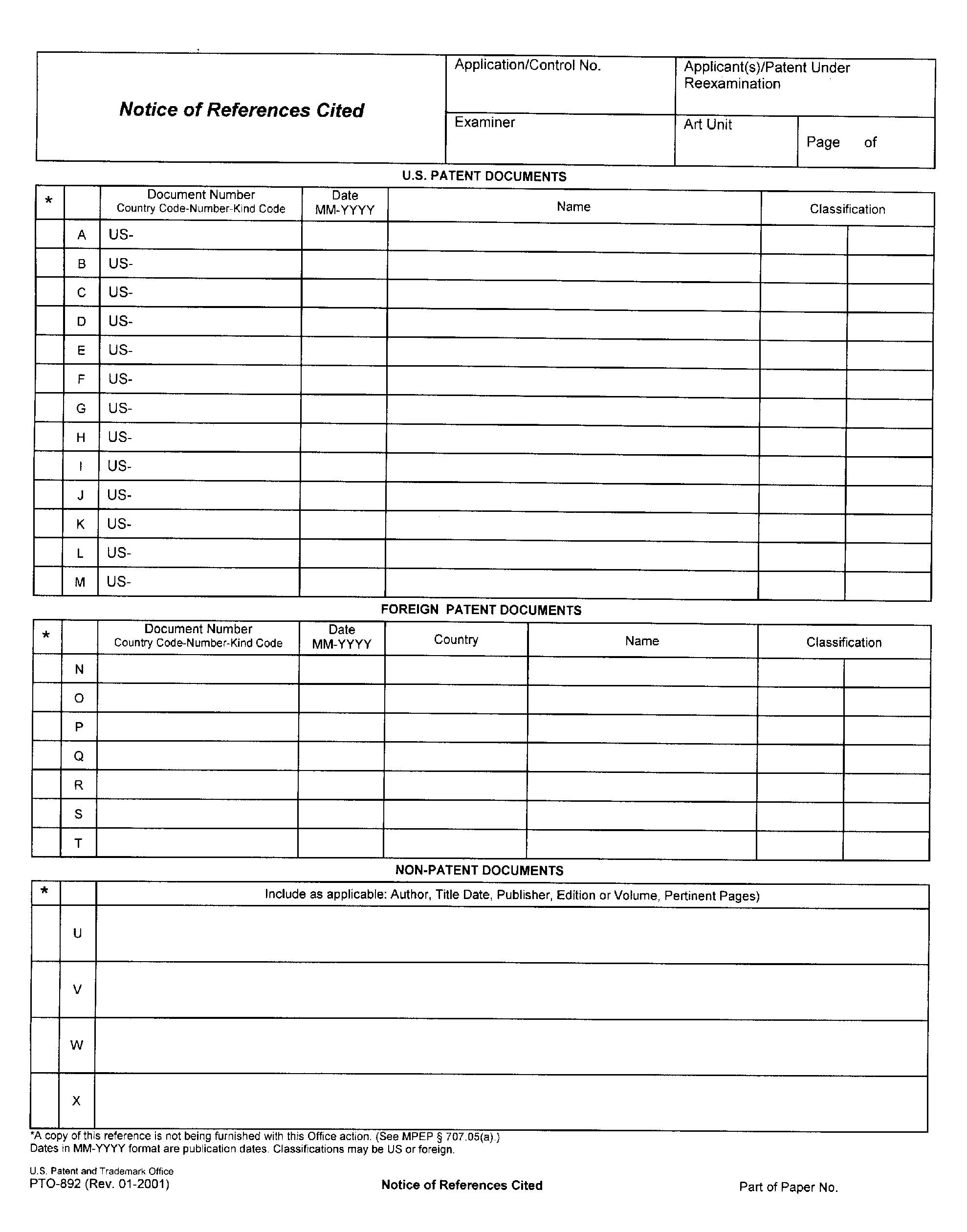 Form PTO-892. Notice of References Cited