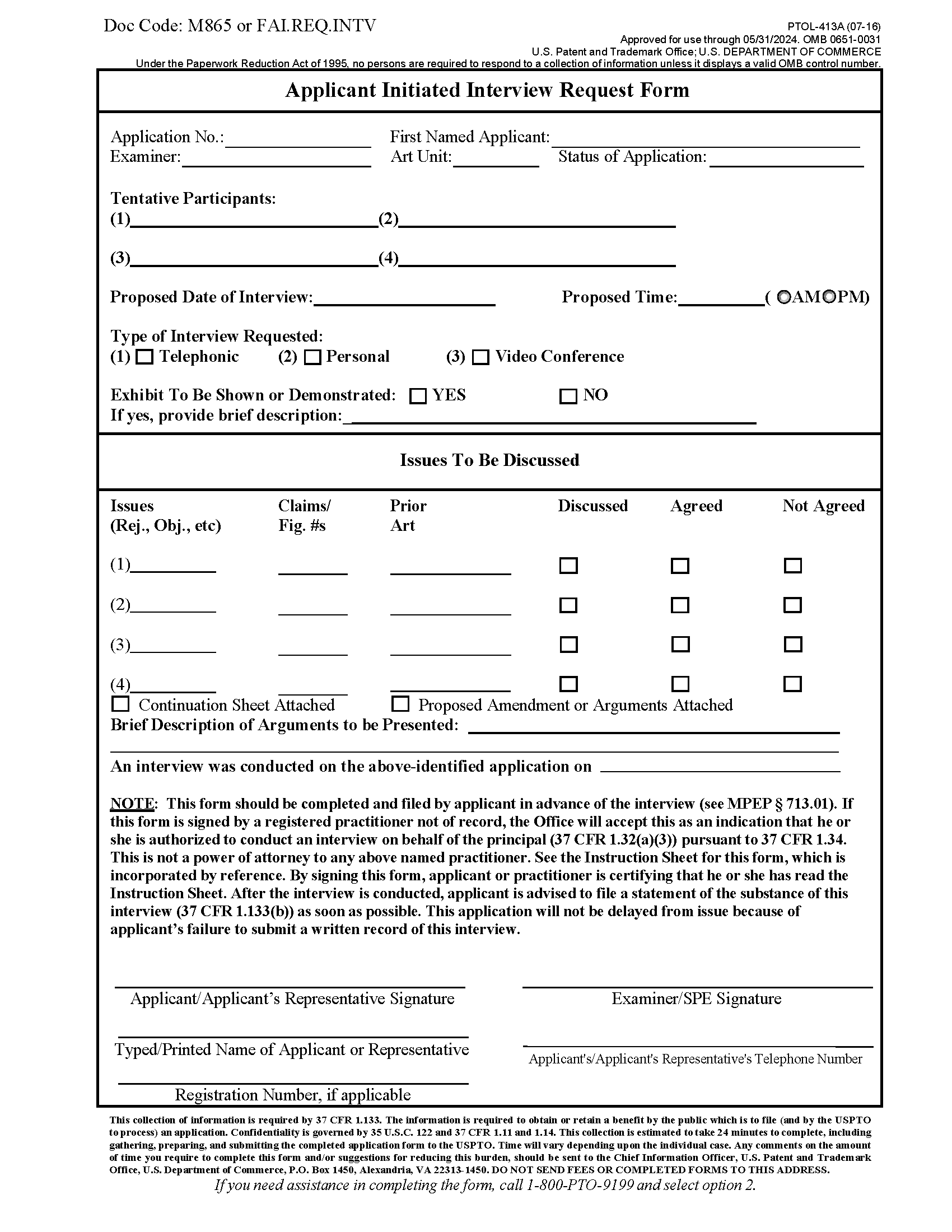 Form PTOL 413A Applicant Initiated Interview Request Form