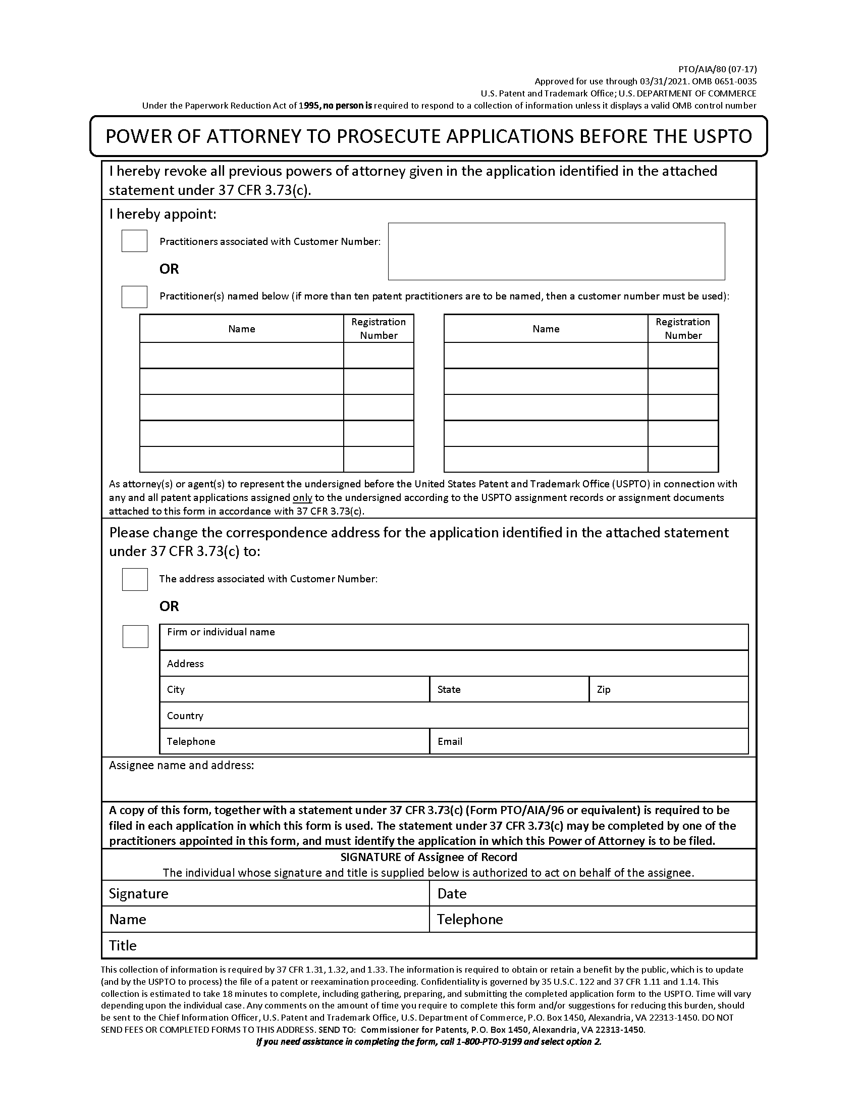 Power of Attorney form PTO/AIA/80 page 1