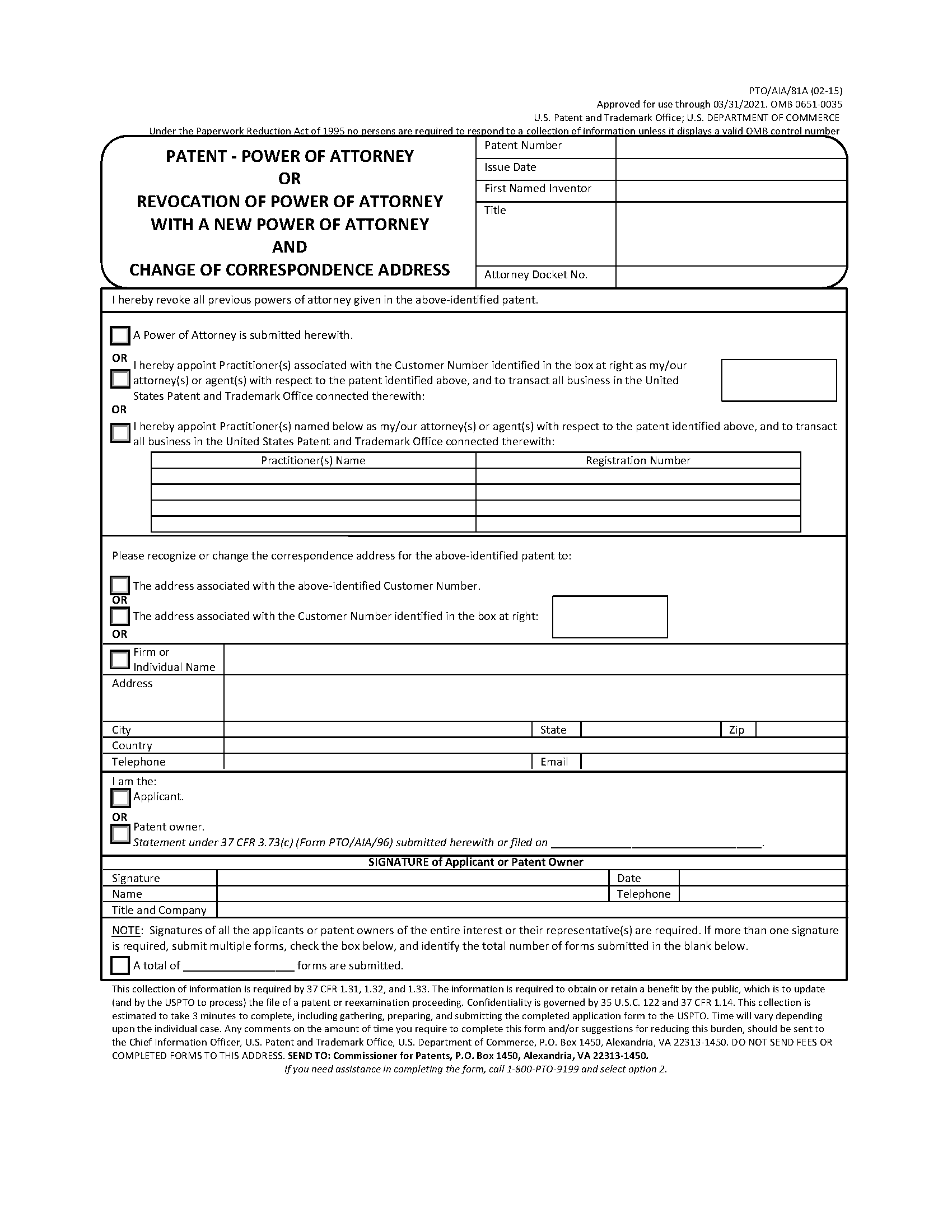Power of Attorney form PTO/AIA/81A page 1