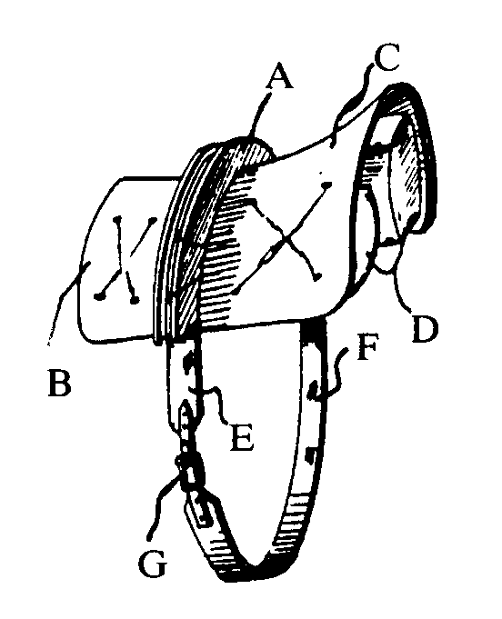 A-Saddle tree (to support shaft); B-Castle section;       C-Pommel section; D-Saddle pads; E,F-Girth bands;    G-Buckle
